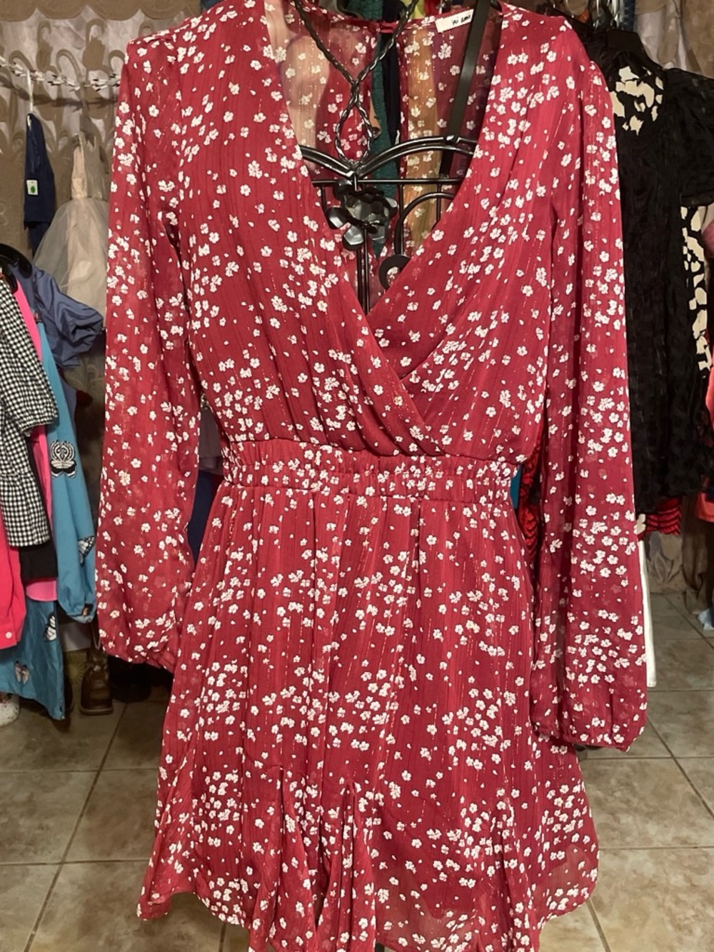 Floral Wrap Long-Sleeve burgundy Dress